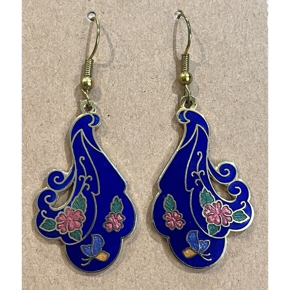 Cloisonne Blue Enamel Flower Butterfly Earrings Gold Tone Victorian Revival - Picture 1 of 9